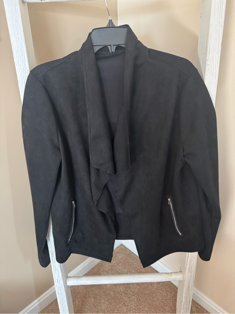 SHEIN Black Open-Front Draped Blazer with Zipper Pockets